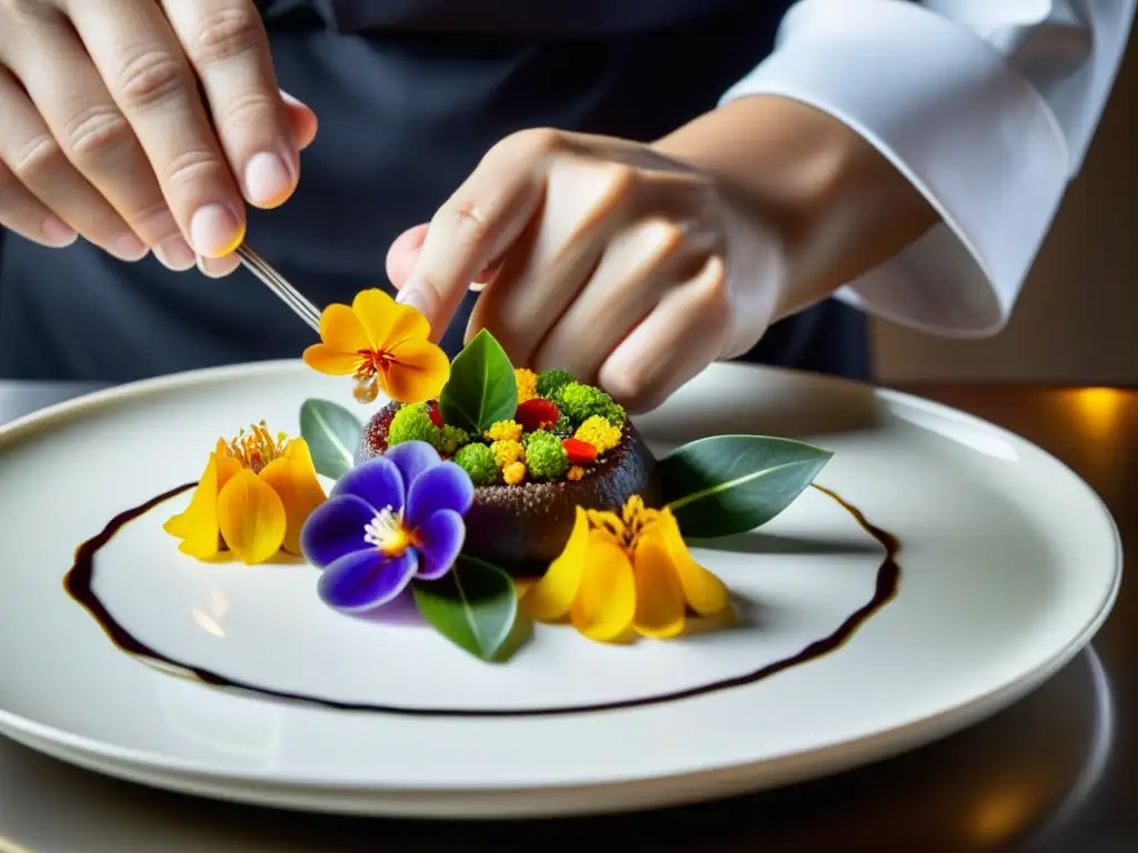 Un chef estrella Michelin coloca flores comestibles en un plato de alta cocina asiática, mostrando dedicación y arte culinario