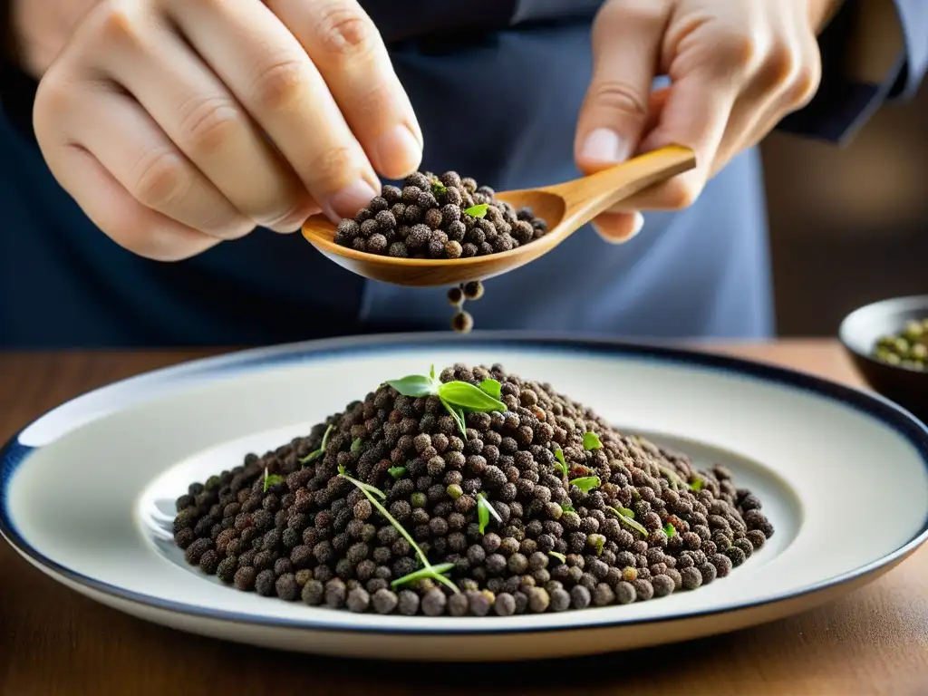 Un chef estrella Michelin esparciendo ingredientes secretos en un plato exquisitamente detallado