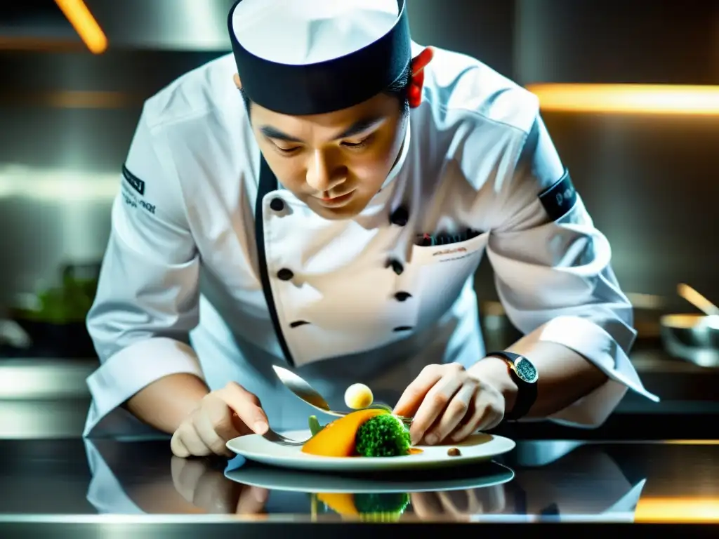 Un chef de estrella Michelin crea una obra de arte culinaria en una cocina moderna, representando la cocina de autor en Asia