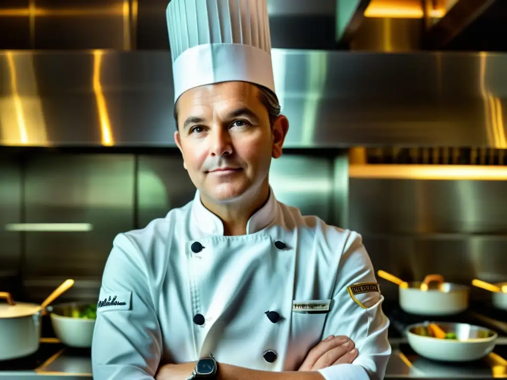 Chef Estrella Michelin creando obra maestra culinaria Un chef con Estrella Michelin crea un plato en su cocina, mostrando la dedicación y arte de los relatos y leyendas en menús Estrellas Michelin