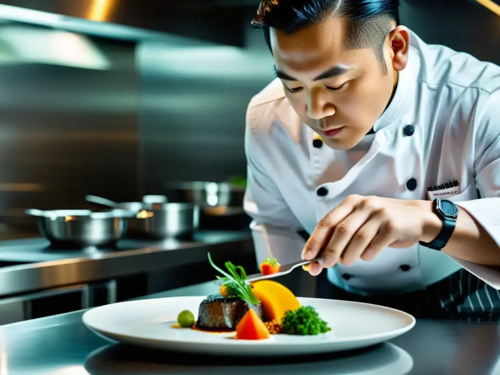 Un chef con estrella Michelin en Asia prepara con maestría un plato en una cocina moderna