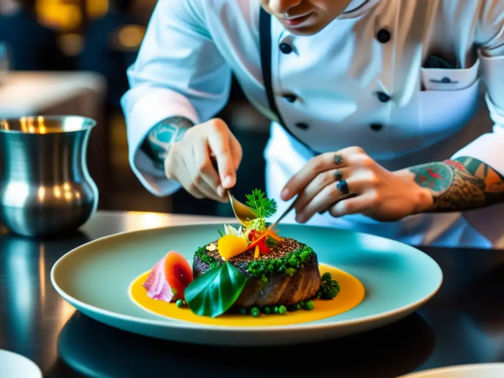 Un chef con estrellas Michelin crea un plato exquisito en un restaurante de lujo en Asia, mostrando compromiso con el medio ambiente