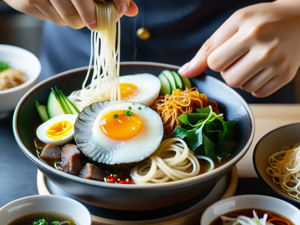 Un chef experimentado prepara con destreza fideos fríos verano coreano, destacando la artesanía culinaria y la tradición en su elaboración