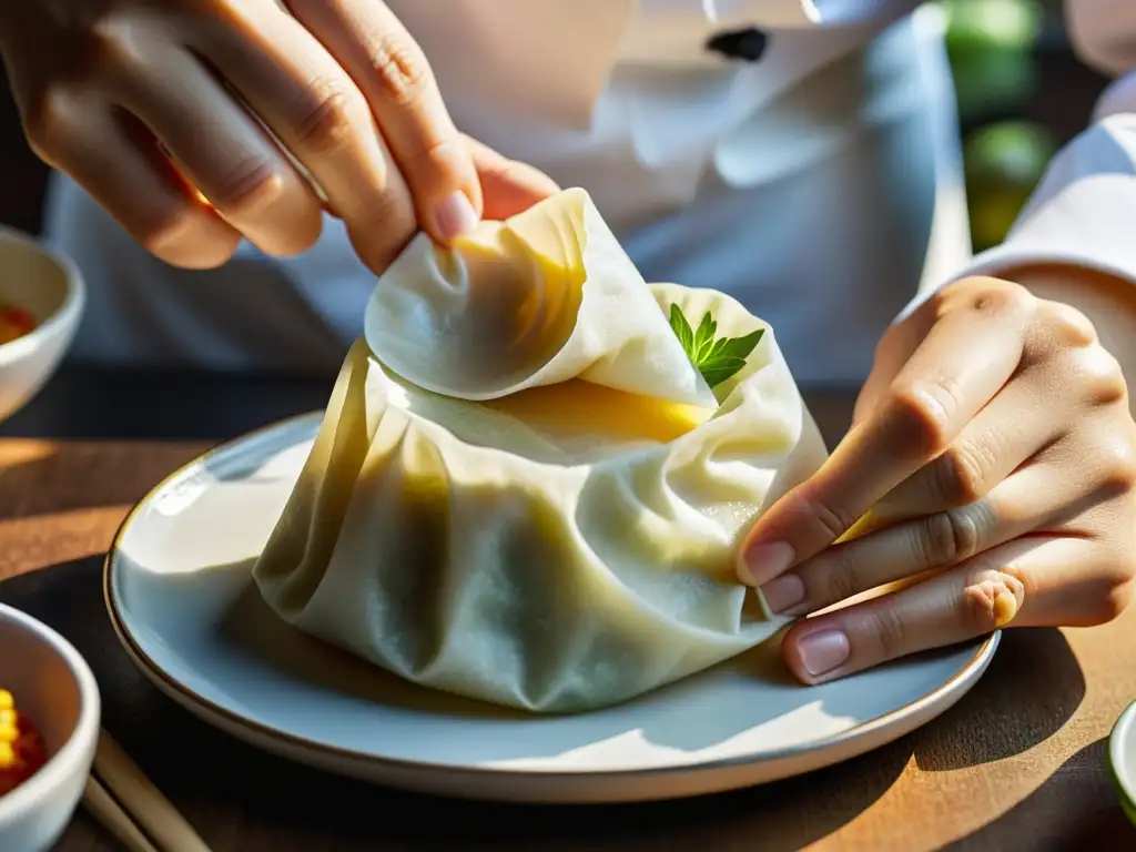 Un chef experimentado dobla expertamente envolturas de dumplings alrededor de un sabroso relleno