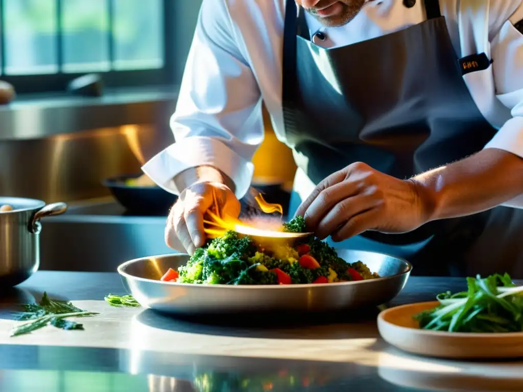 Arte culinario: manos expertas creando plato estrella Un chef experimentado preparando con precisión un exquisito plato, envuelto en un ambiente de dedicación y arte