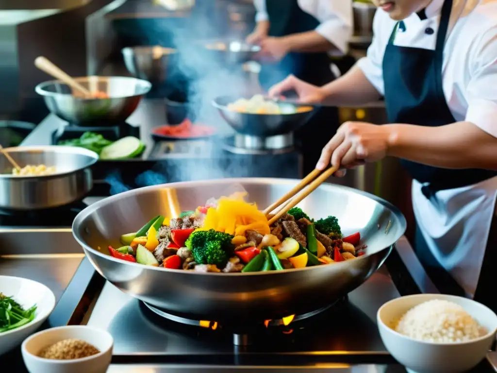 Un chef experto en gastronomía asiática moderna remueve ingredientes frescos en un wok, creando platos híbridos vibrantes