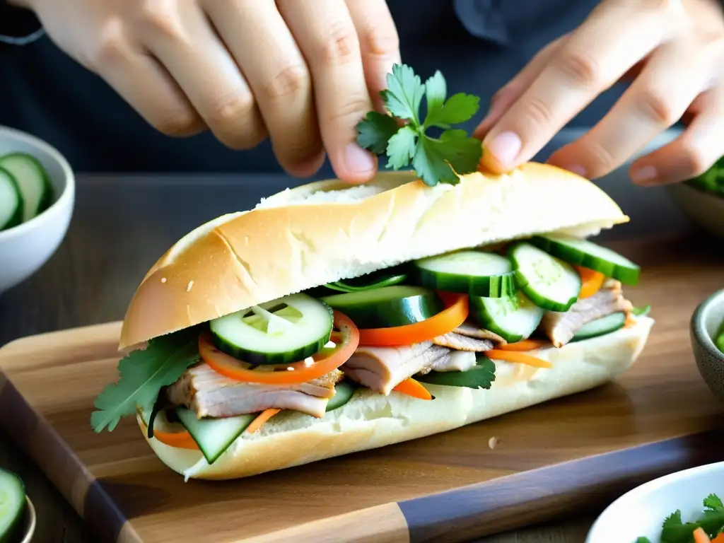 Un chef experto prepara un banh mi con precisión y amor, fusiones indochinas en la gastronomía