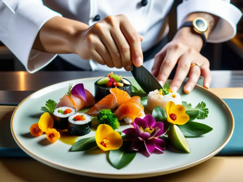 Un chef experto prepara bocados asiáticos en bares occidentales con precisión y arte, usando ingredientes vibrantes y coloridos