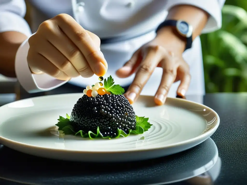 Un chef experto prepara caviar asiático en una cocina minimalista, destacando la precisión y el arte culinario