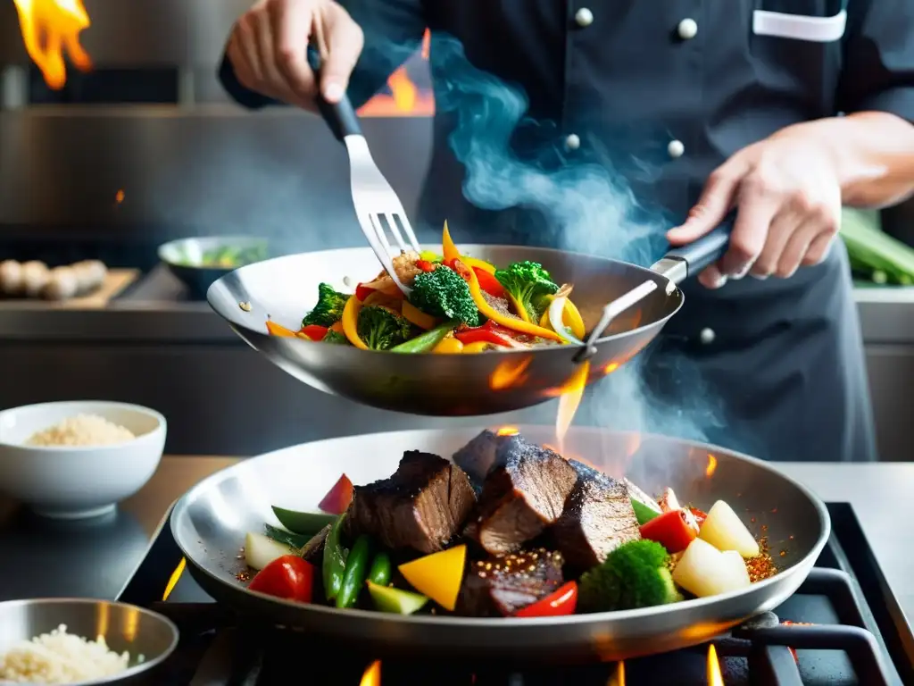 Chef experto en cocina china tradicional de alta gama, preparando ingredientes frescos en un wok sobre el fuego