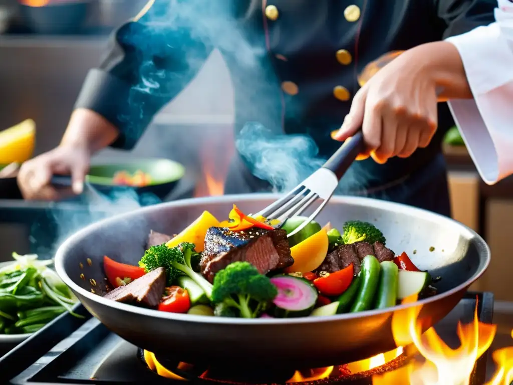 Un chef experto en cocina china tradicional alta gama mezcla hábilmente verduras frescas y carne marinada en un wok, creando una experiencia sensorial inmersiva