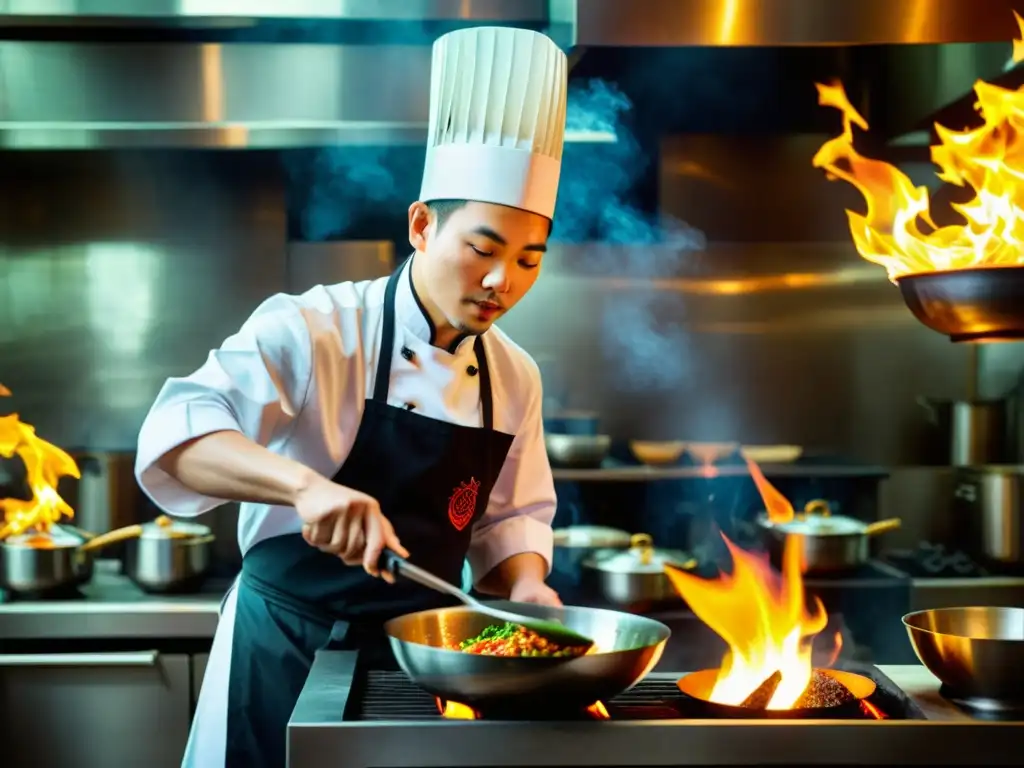 Un chef experto en una cocina china tradicional alta gama, manejando hábilmente un wok sobre una llama intensa, con ingredientes frescos y colores vibrantes en el aire