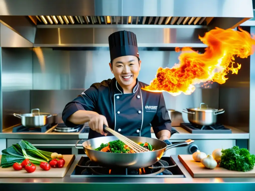 Un chef experto en una cocina moderna y luminosa, preparando una fusión de ingredientes asiáticos saludables con destreza y pasión, creando platos saludables y sabrosos