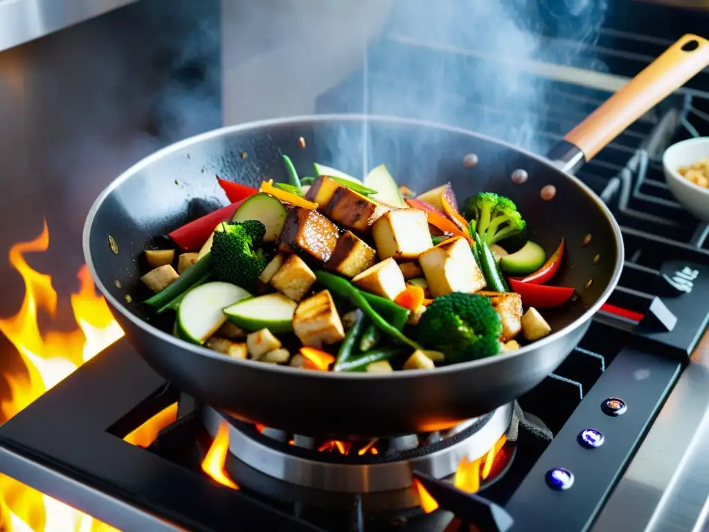 Un chef experto revuelve con maestría una colorida mezcla de ingredientes asiáticos en un wok vibrante, creando una escena culinaria inolvidable