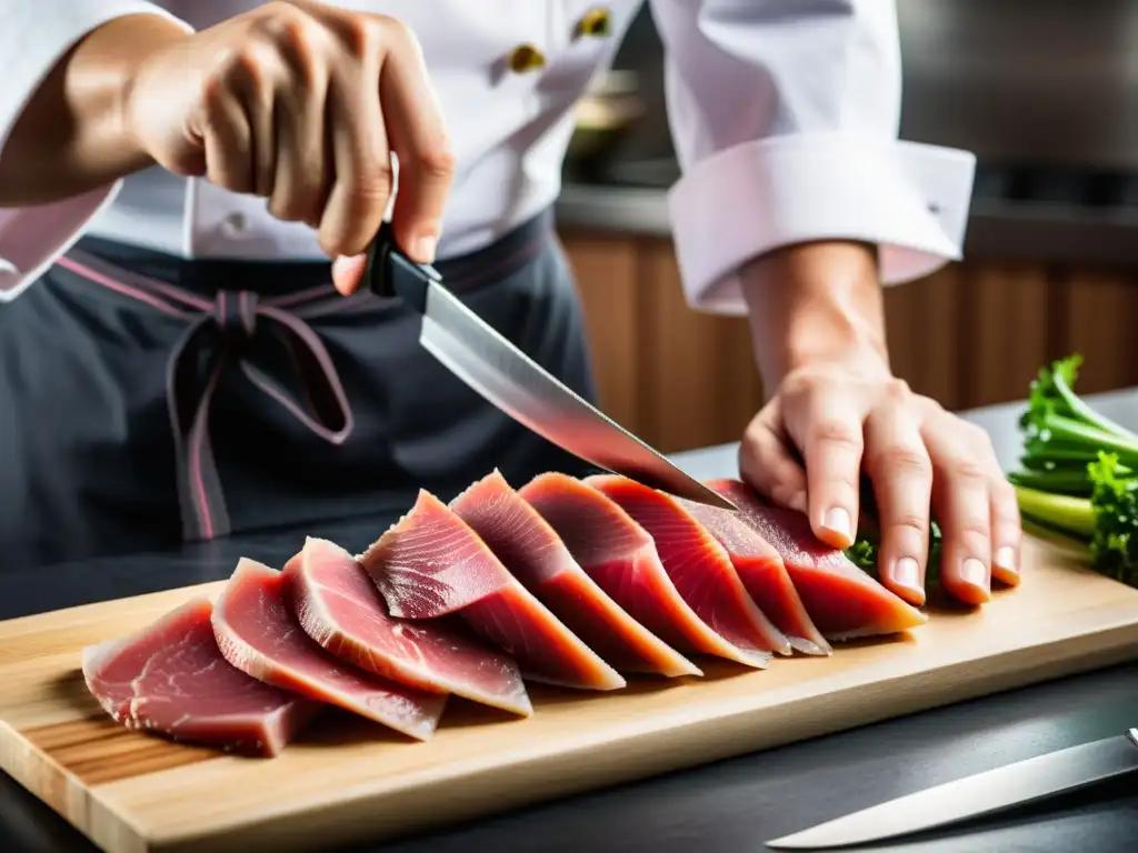 Un chef experto corta finas láminas de atún sashimi con precisión, mostrando la influencia del arte culinario asiático