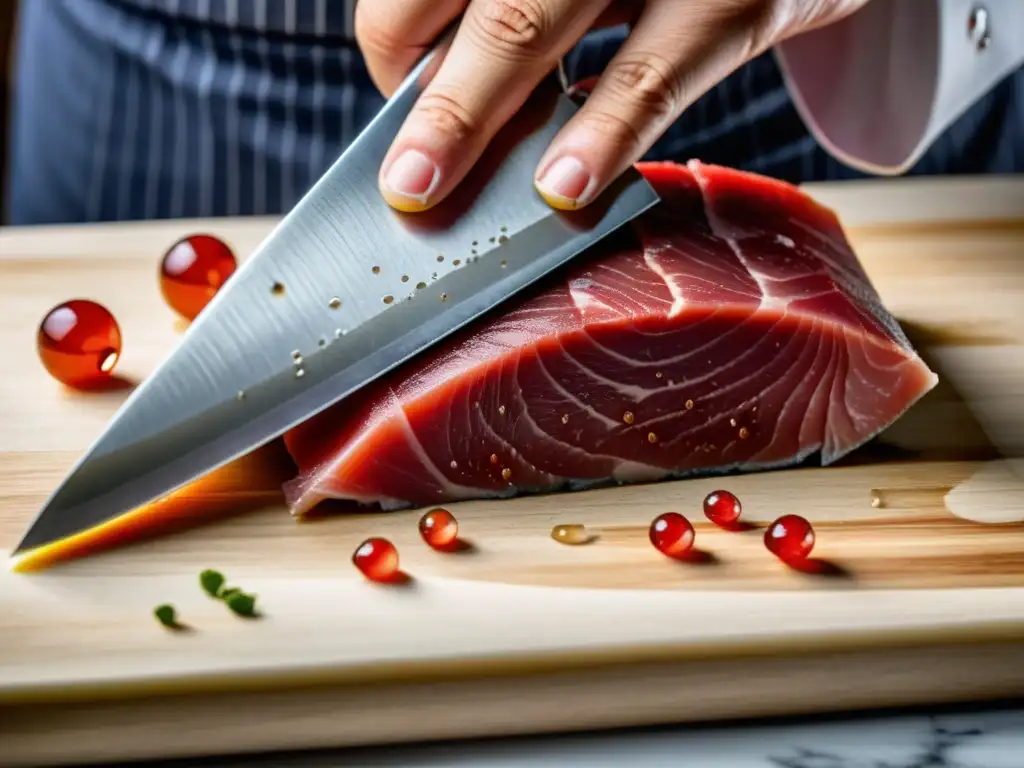 Un chef experto corta con precisión un atún de grado sashimi, destacando la fusión de técnicas culinarias occidentales y ingredientes asiáticos