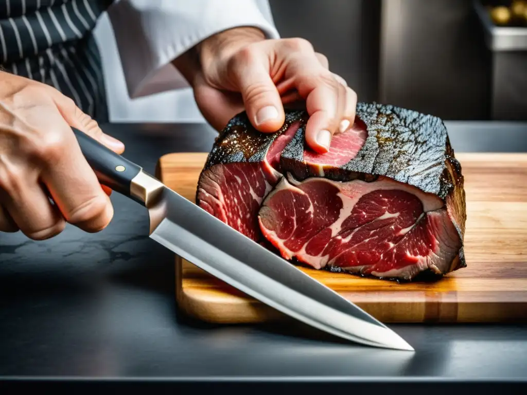 Un chef experto corta con precisión un exquisito Wagyu A5, resaltando los ingredientes secretos de la alta cocina de estrellas Michelin