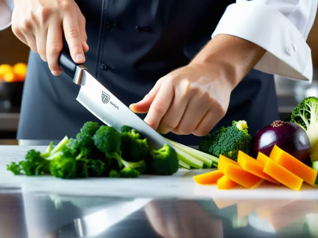 Un chef experto corta con precisión ingredientes frescos y coloridos, mostrando la artesanía y técnica de la cocina asiática contemporánea