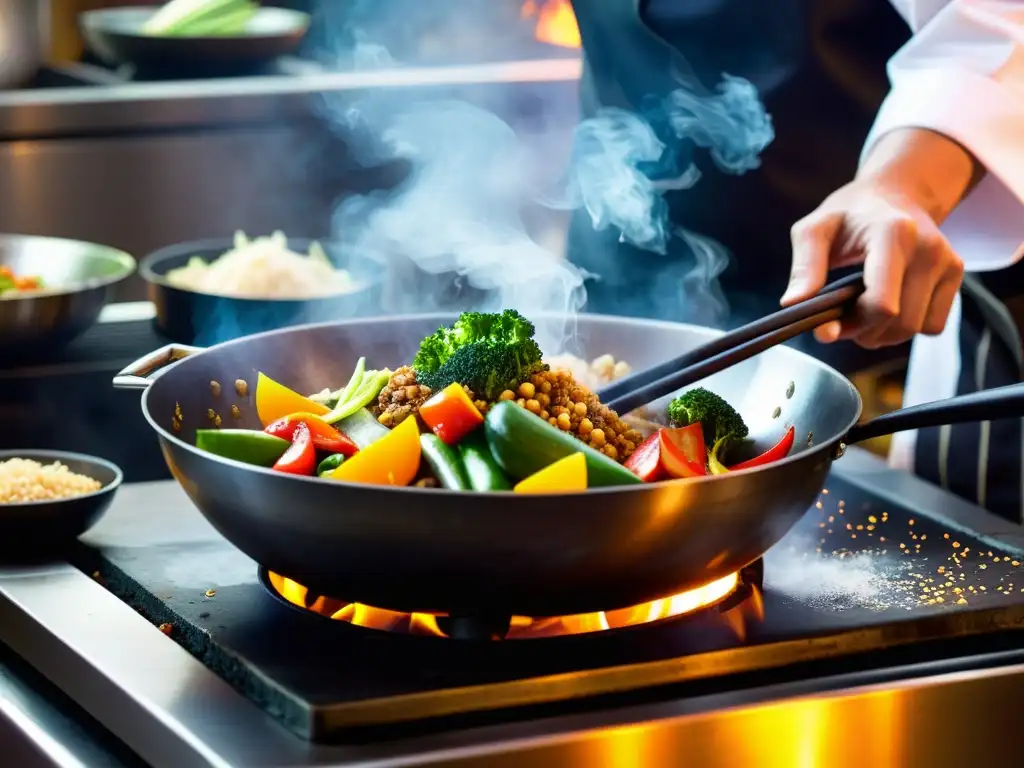 Un chef experto prepara una deliciosa comida en un wok tradicional, creando una atmósfera dinámica en una cocina china tradicional de alta gama