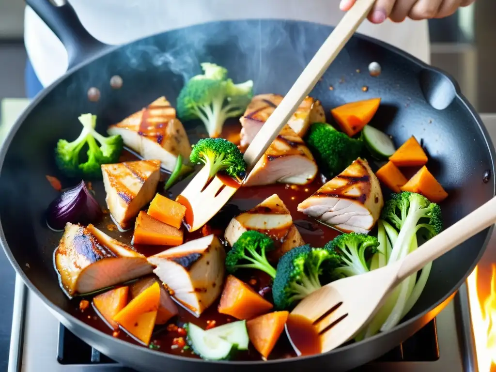 Un chef experto prepara un delicioso Dakgalbi, plato tradicional coreano, en una bulliciosa escena callejera llena de colores y aromas