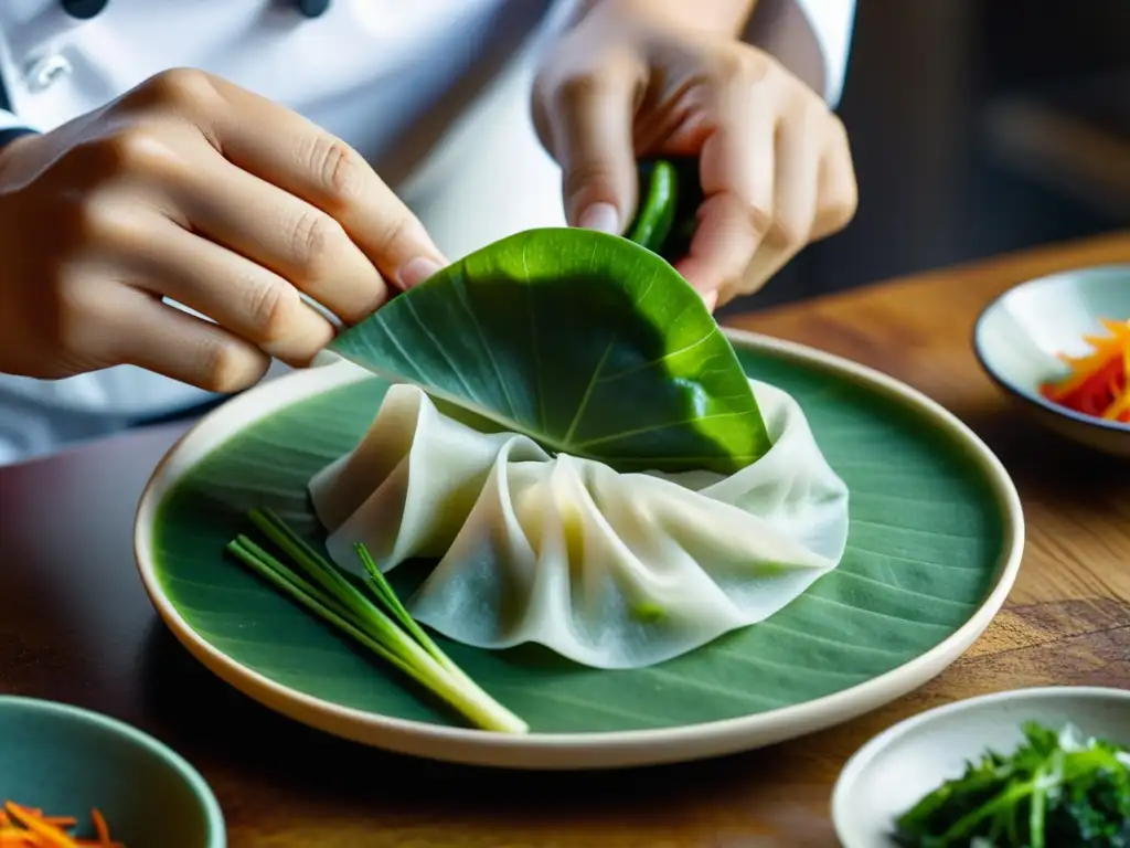 Un chef experto preparando deliciosos dumplings vegetarianos en un curso exclusivo de cocina vegetariana asiática