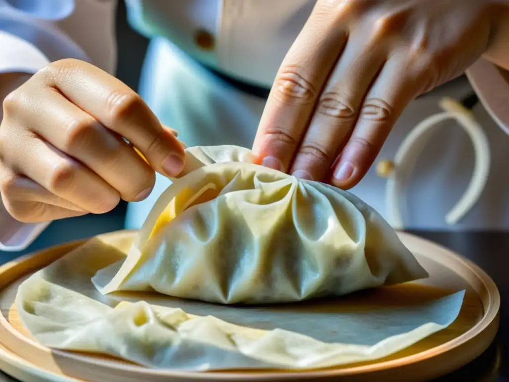 Un chef experto dobla con destreza finos envoltorios de dumplings, revelando las técnicas de cocina asiática con maestría