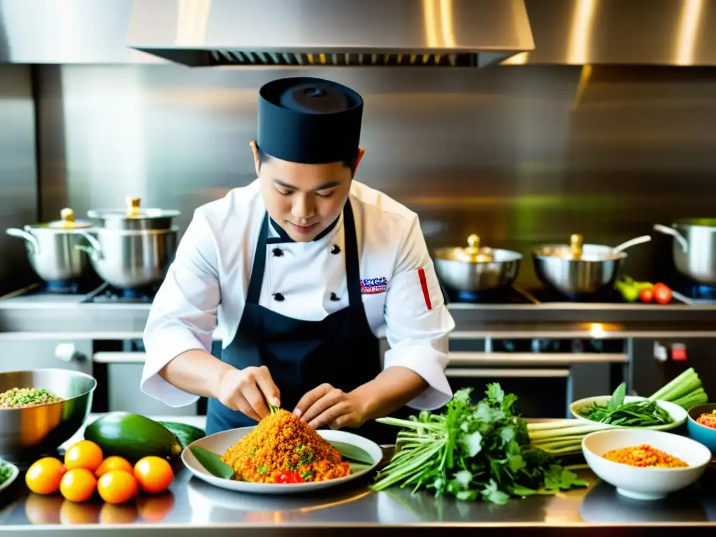 Un chef tailandés experto prepara una elaborada receta rodeado de ingredientes coloridos y exóticos