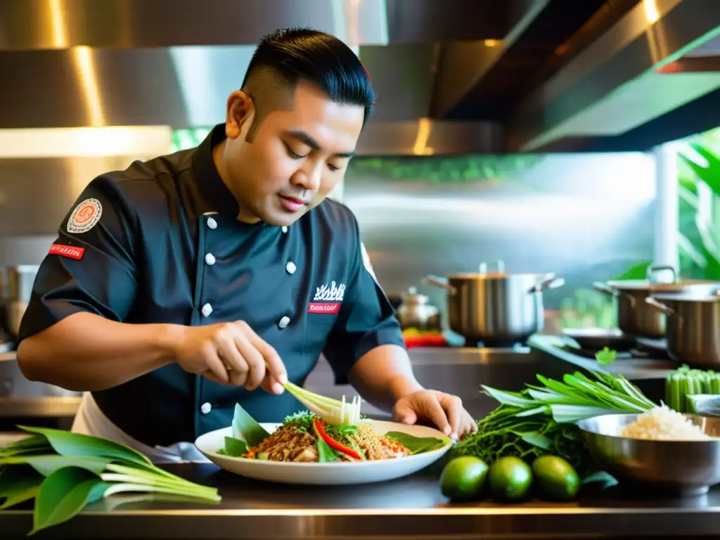 Un chef tailandés experto prepara una elaborada receta rodeado de ingredientes vibrantes