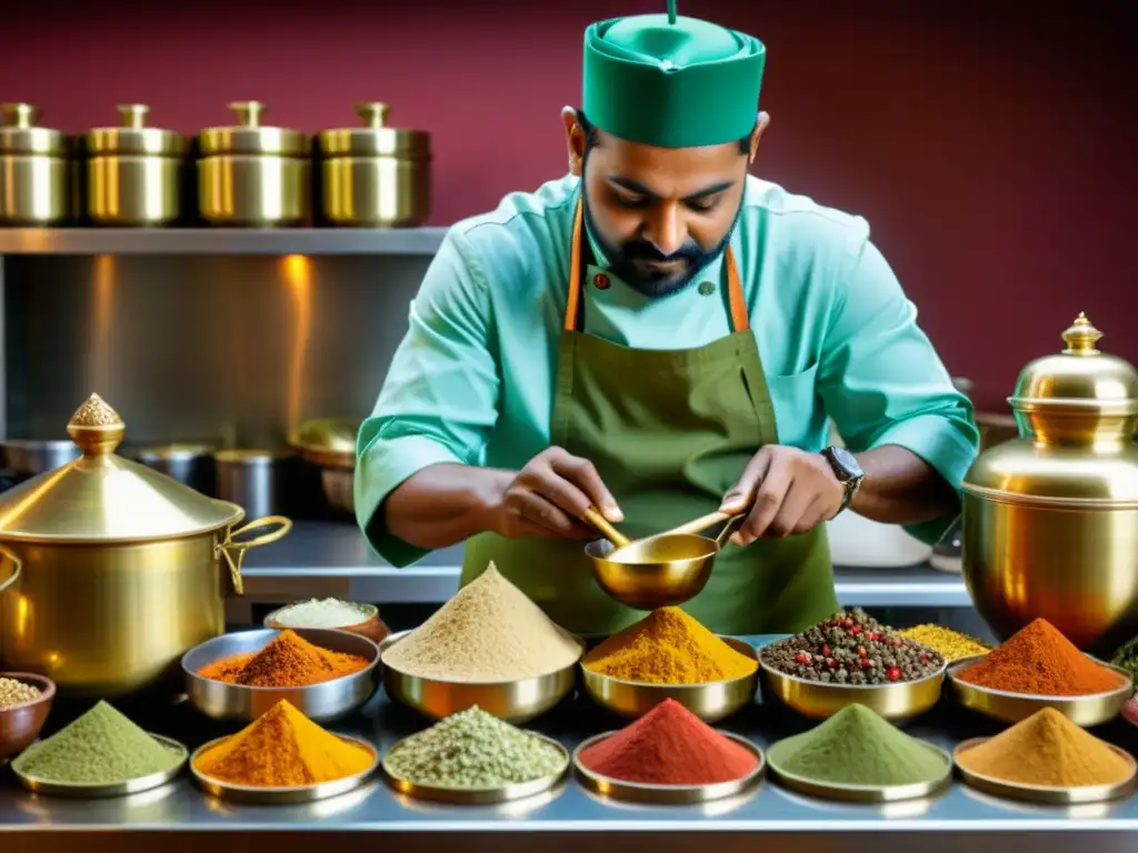 Un chef experto muele especias en una cocina india tradicional con técnicas avanzadas cocina India