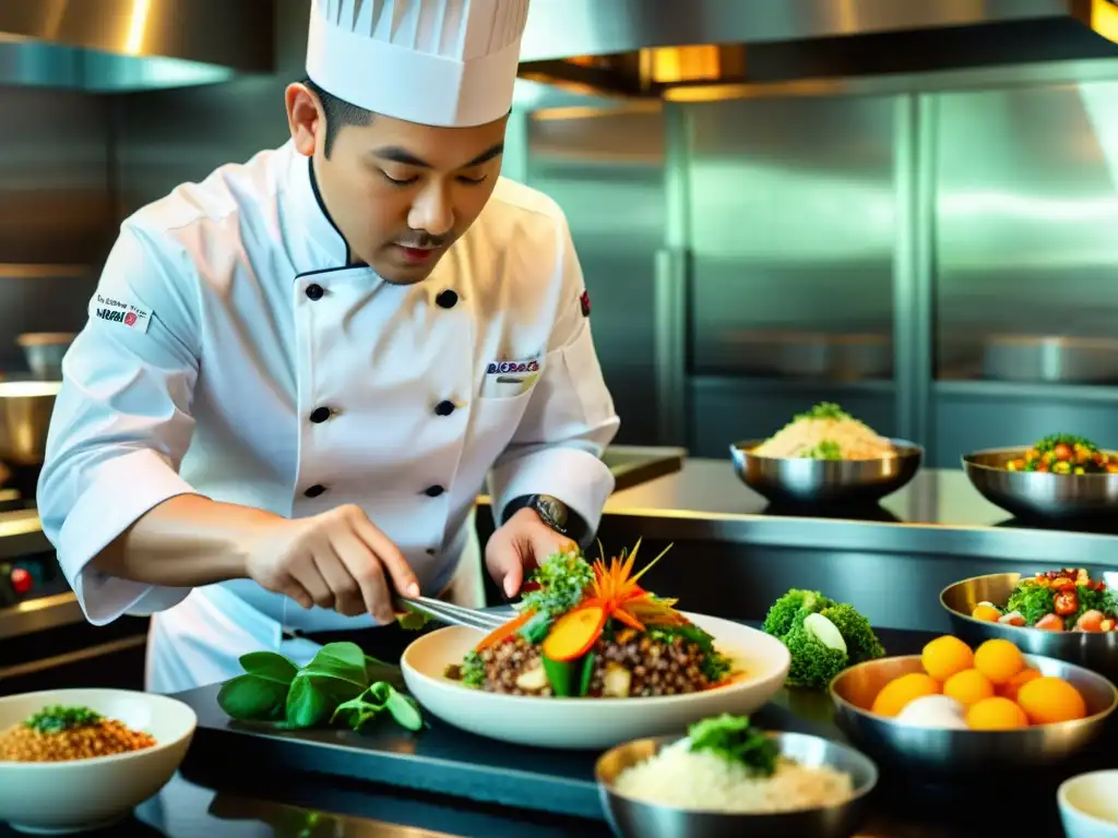 Un chef experto prepara con maestría un exquisito plato asiático, demostrando la creatividad y la excelencia de la cocina de autor en Asia