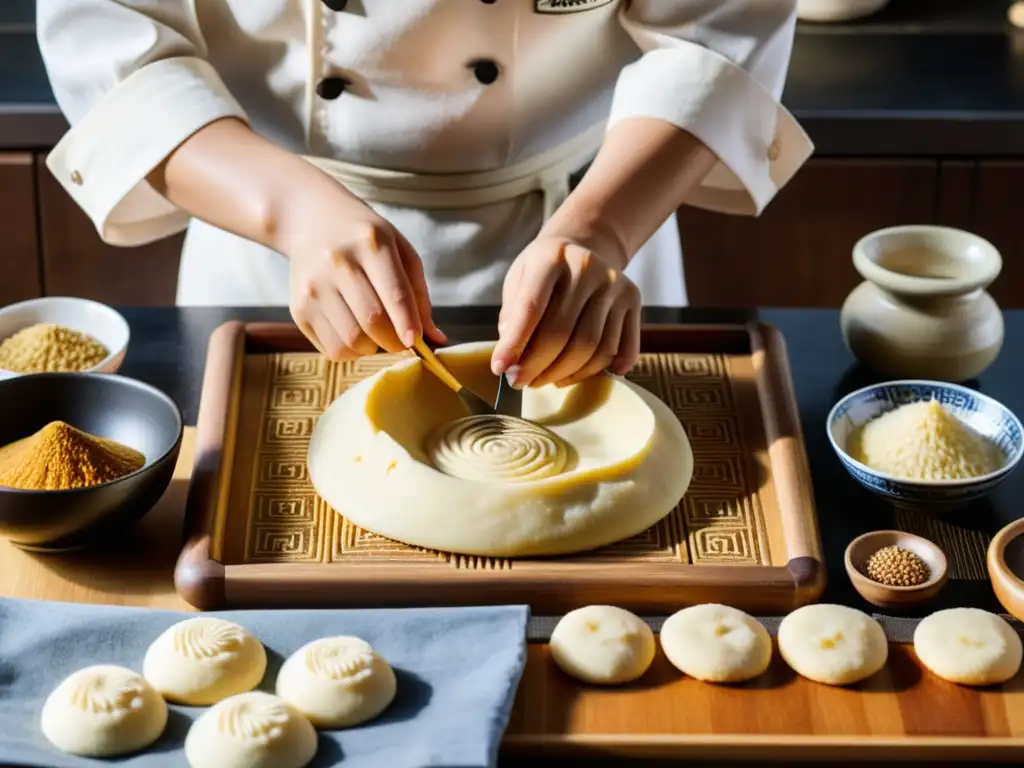 Un chef experto da forma a la masa de Yakgwa en una cocina tradicional coreana, resaltando la meticulosidad y tradición de esta galleta