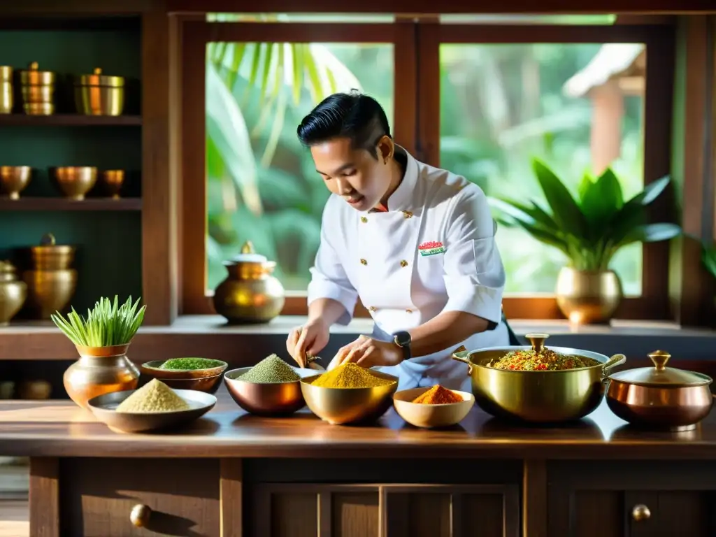 Un chef experto prepara ingredientes en una cocina tailandesa tradicional, reflejando la filosofía culinaria asiática de David Thompson