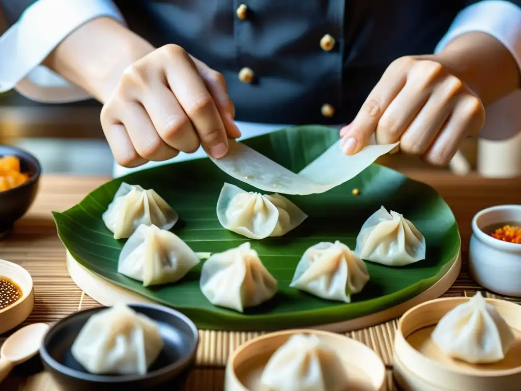 Un chef experto elabora dim sum de lujo con cuidado y precisión, usando ingredientes frescos y utensilios tradicionales