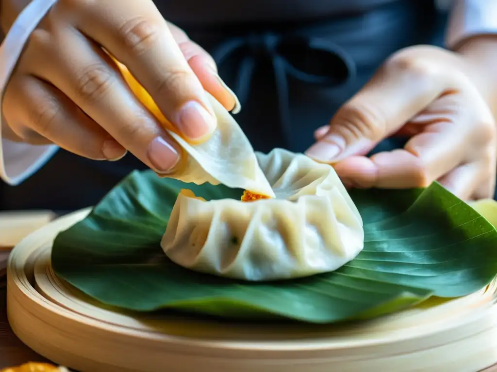 Un chef experto elabora dim sum de lujo con destreza, destacando la artesanía culinaria