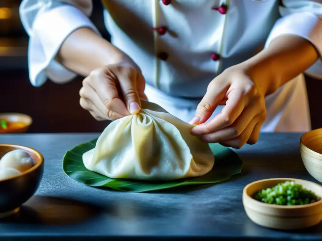 Un chef experto dobla con maestría delicadas envolturas de dumplings, revelando los secretos culinarios de la cocina asiática