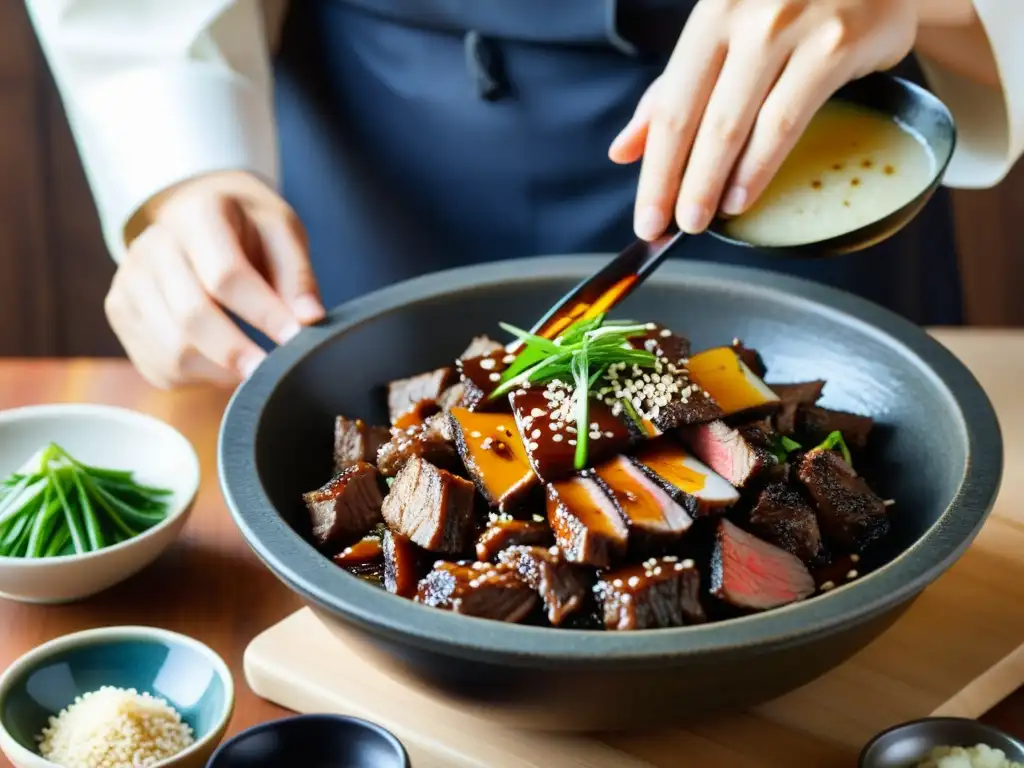 Un chef experto prepara el marinado perfecto para carne bulgogi en un tazón de piedra, destacando la precisión y tradición de la receta