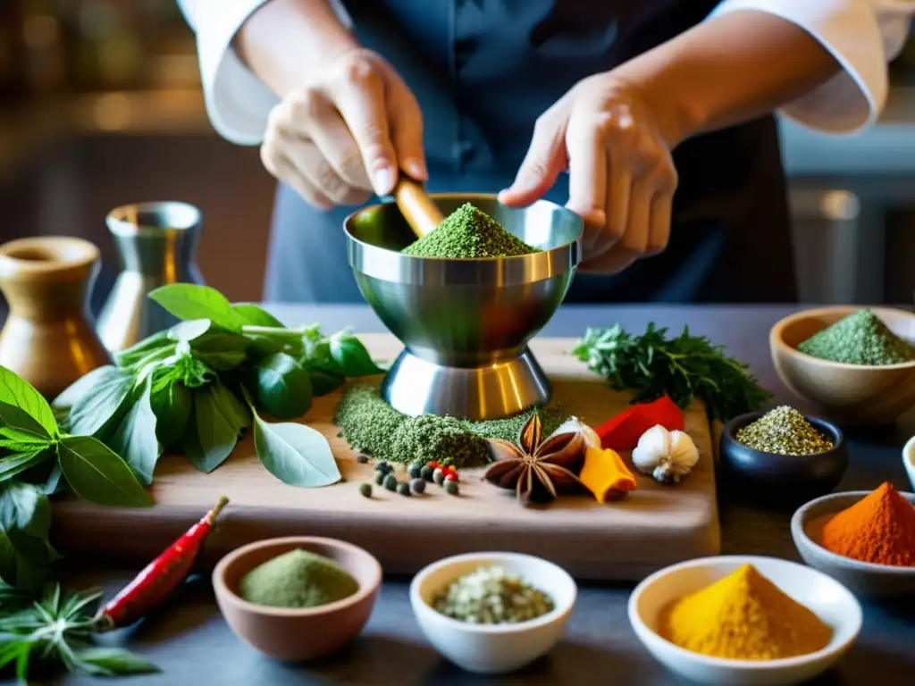 Un chef experto prepara una pasta fragante de hierbas y especias para un plato tradicional IndoChino