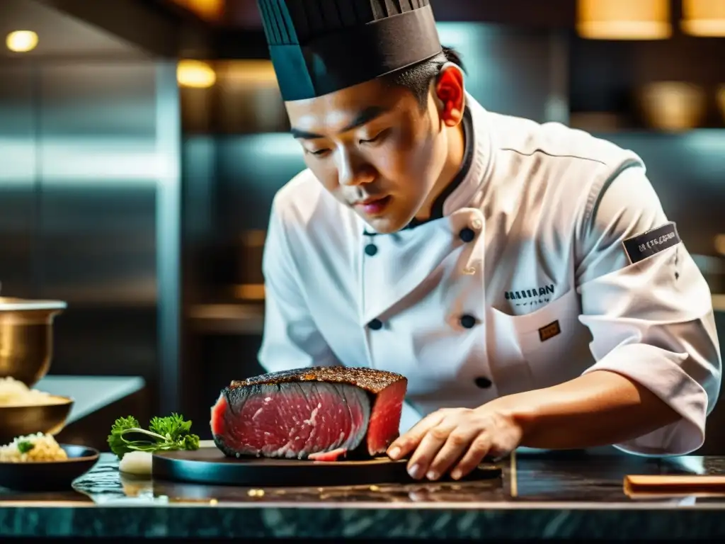 Un chef experto corta una pieza de A5 Wagyu en un lujoso restaurante asiático, mostrando técnicas precisas y ingredientes inusuales