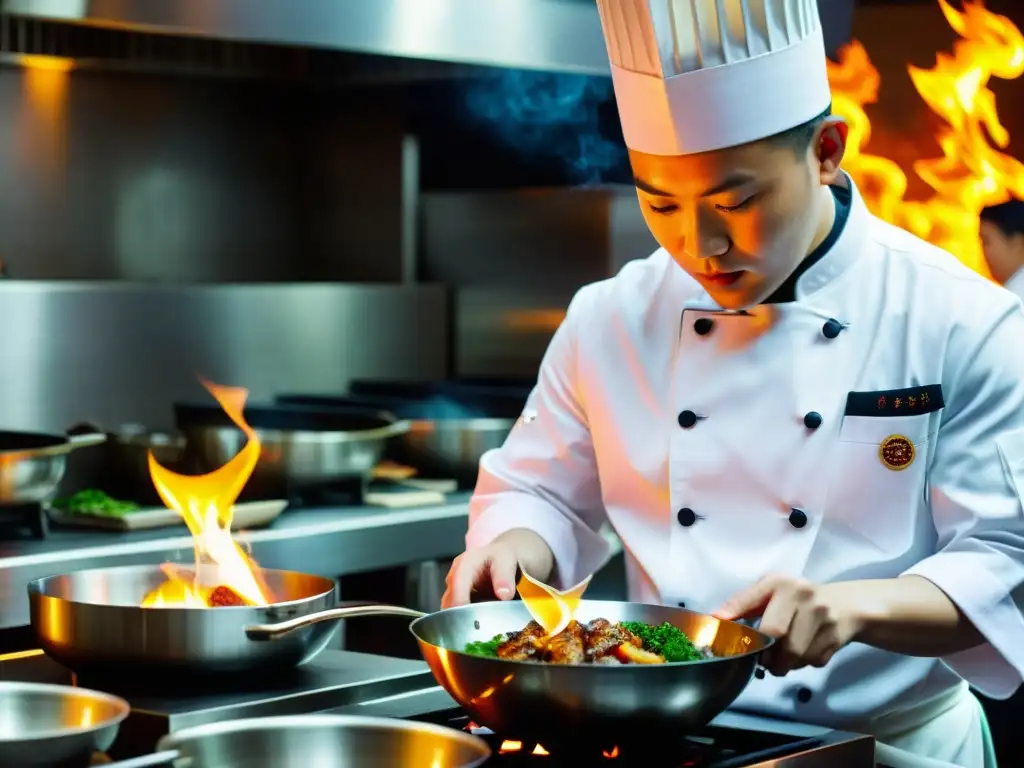 Un chef experto prepara un plato chino en una cocina de alta gama, donde la destreza y los ingredientes crean una experiencia culinaria única