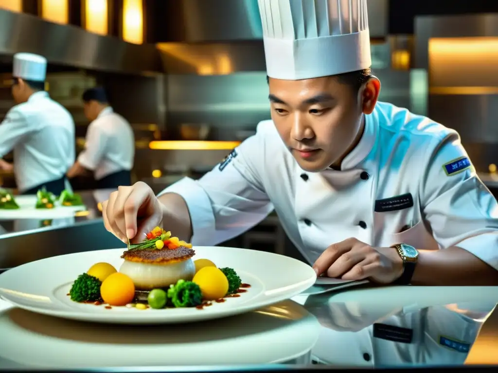 Un chef experto crea un plato en un restaurante de alta categoría en Asia