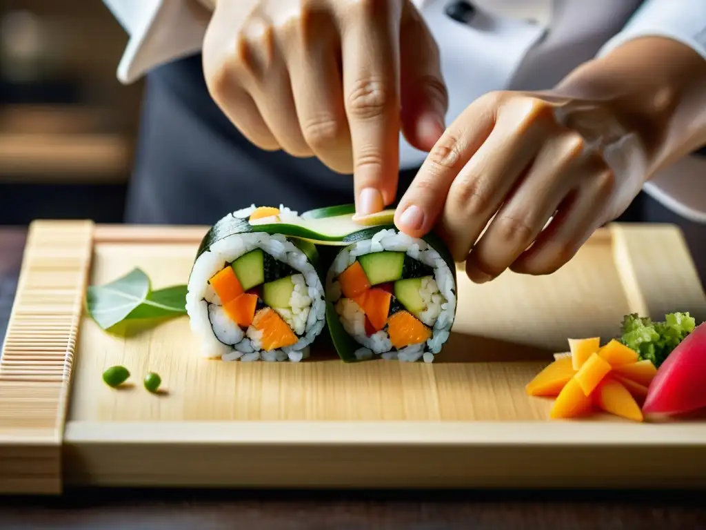 Un chef experto enrolla con precisión un colorido sushi vegetariano en un curso exclusivo de cocina asiática