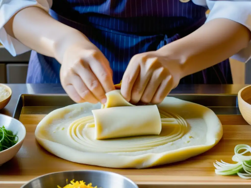 Un chef experto prepara con precisión los fideos Janchi Guksu en una animada cocina coreana, capturando la esencia de esta celebración culinaria