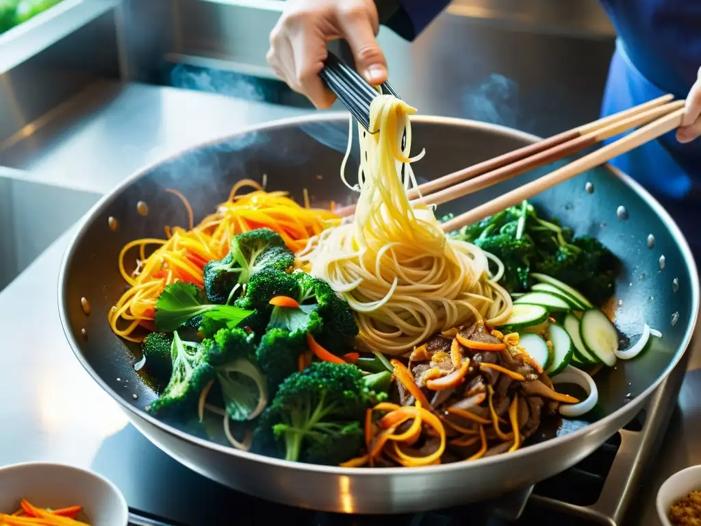 Un chef experto prepara la receta tradicional japchae cristal coreano, mostrando su destreza al saltear los coloridos ingredientes en un wok humeante