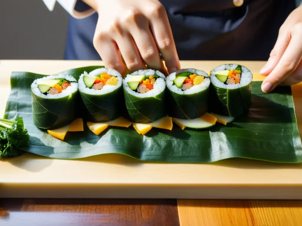 Un chef experto ensambla meticulosamente un rollo de gimbap coreano tradicional, resaltando la tradición y el sabor vibrante de este plato icónico