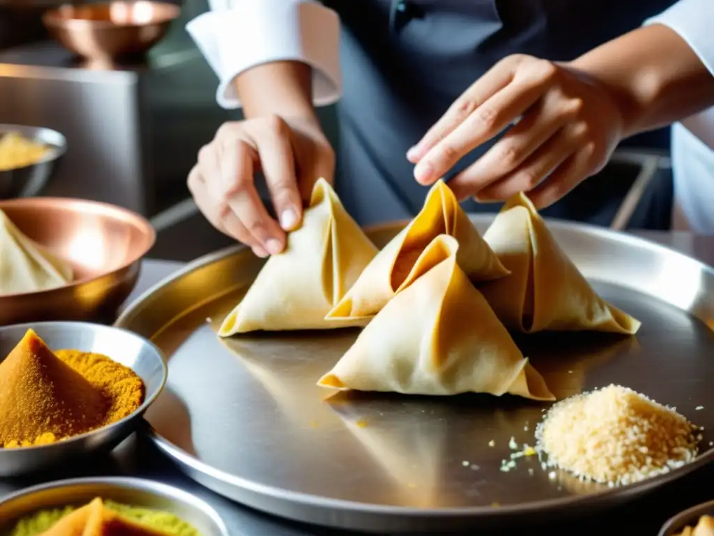 Un chef experto moldea samosas doradas mientras el aroma de especias llena el aire en una cocina india de alta gama