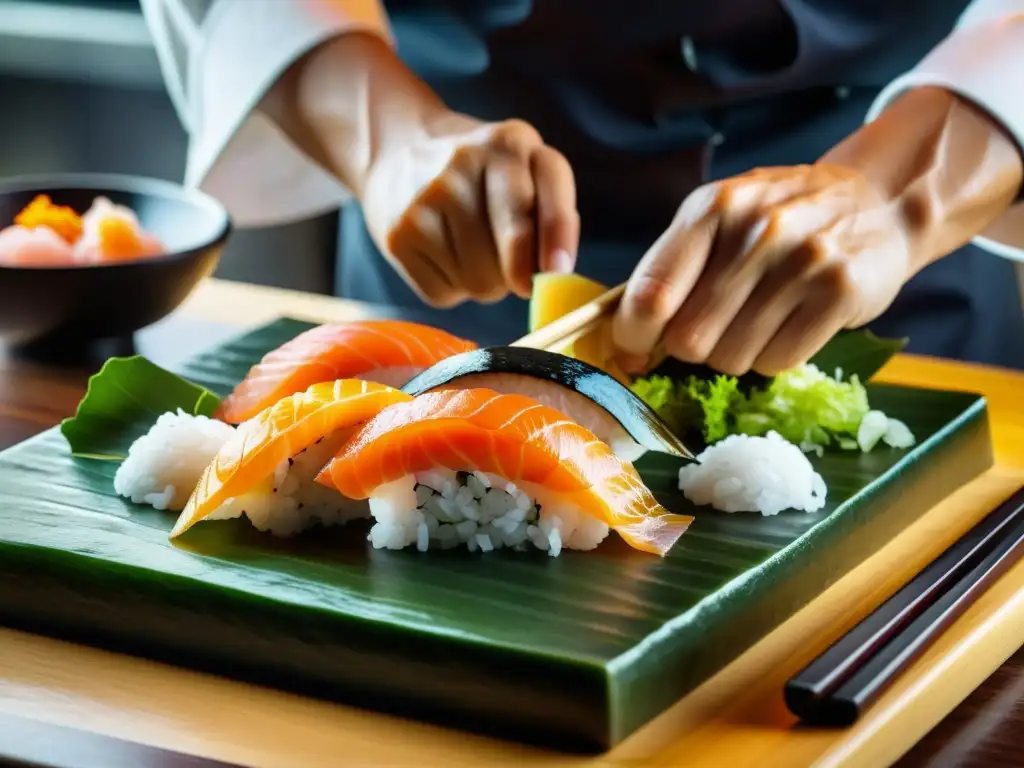 Un chef experto crea sushi con precisión y destreza, destacando la técnica de cocina asiática internacional