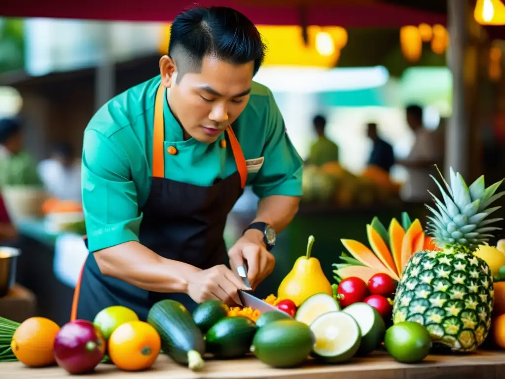 Un chef tailandés experto talla con precisión frutas y verduras frescas, en un mercado callejero bullicioso