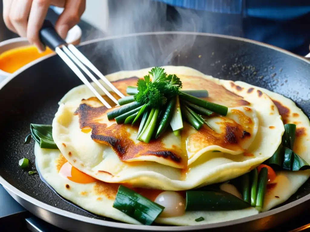 Chef experto voltea una torta de mariscos coreana auténtica en el mercado callejero de Corea, capturando su esencia y colorido