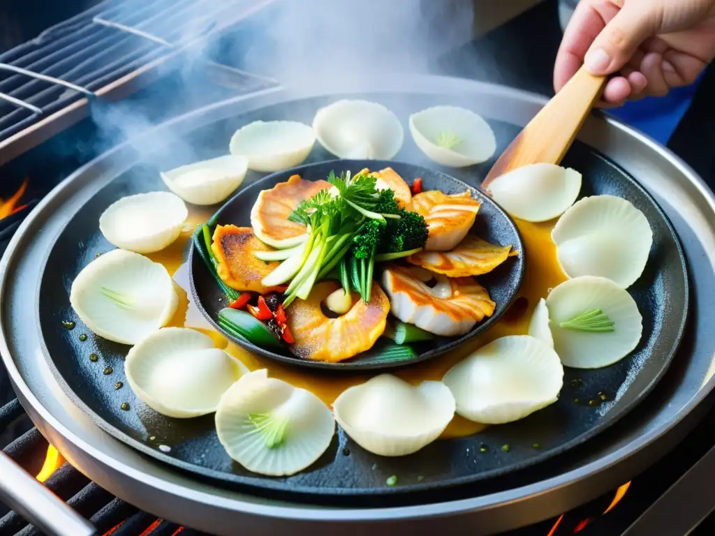 Chef experto preparando una torta de mariscos coreana auténtica sobre parrilla de piedra, con mariscos y cebollinos en la masa, en un mercado tradicional coreano