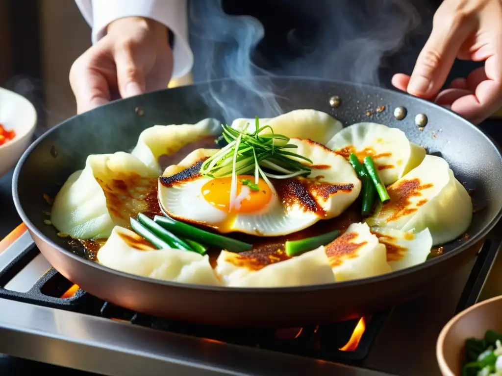 Un chef experto prepara Tortillas coreanas Jeon: recetas tradicionales con maestría, en una sartén humeante